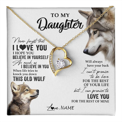 Forever Love Necklace 18K Yellow Gold Finish | 1 | Personalized To My Daughter Necklace From Dad Mom Mother This Old Wolf Love You Daughter Birthday Graduation Christmas Customized Gift Box Message Card | teecentury
