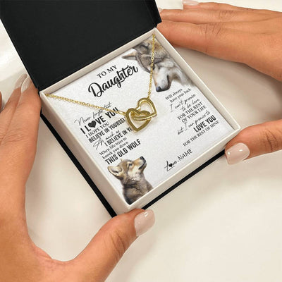 Interlocking Hearts Necklace 18K Yellow Gold Finish | 2 | Personalized To My Daughter Necklace From Dad Mom Mother This Old Wolf Love You Daughter Birthday Graduation Christmas Customized Gift Box Message Card | teecentury