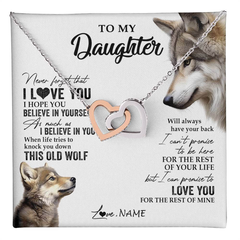 Interlocking Hearts Necklace Stainless Steel & Rose Gold Finish | 1 | Personalized To My Daughter Necklace From Dad Mom Mother This Old Wolf Love You Daughter Birthday Graduation Christmas Customized Gift Box Message Card | teecentury
