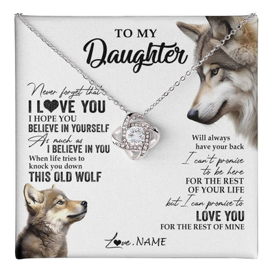 Love Knot Necklace 14K White Gold Finish | 1 | Personalized To My Daughter Necklace From Dad Mom Mother This Old Wolf Love You Daughter Birthday Graduation Christmas Customized Gift Box Message Card | teecentury
