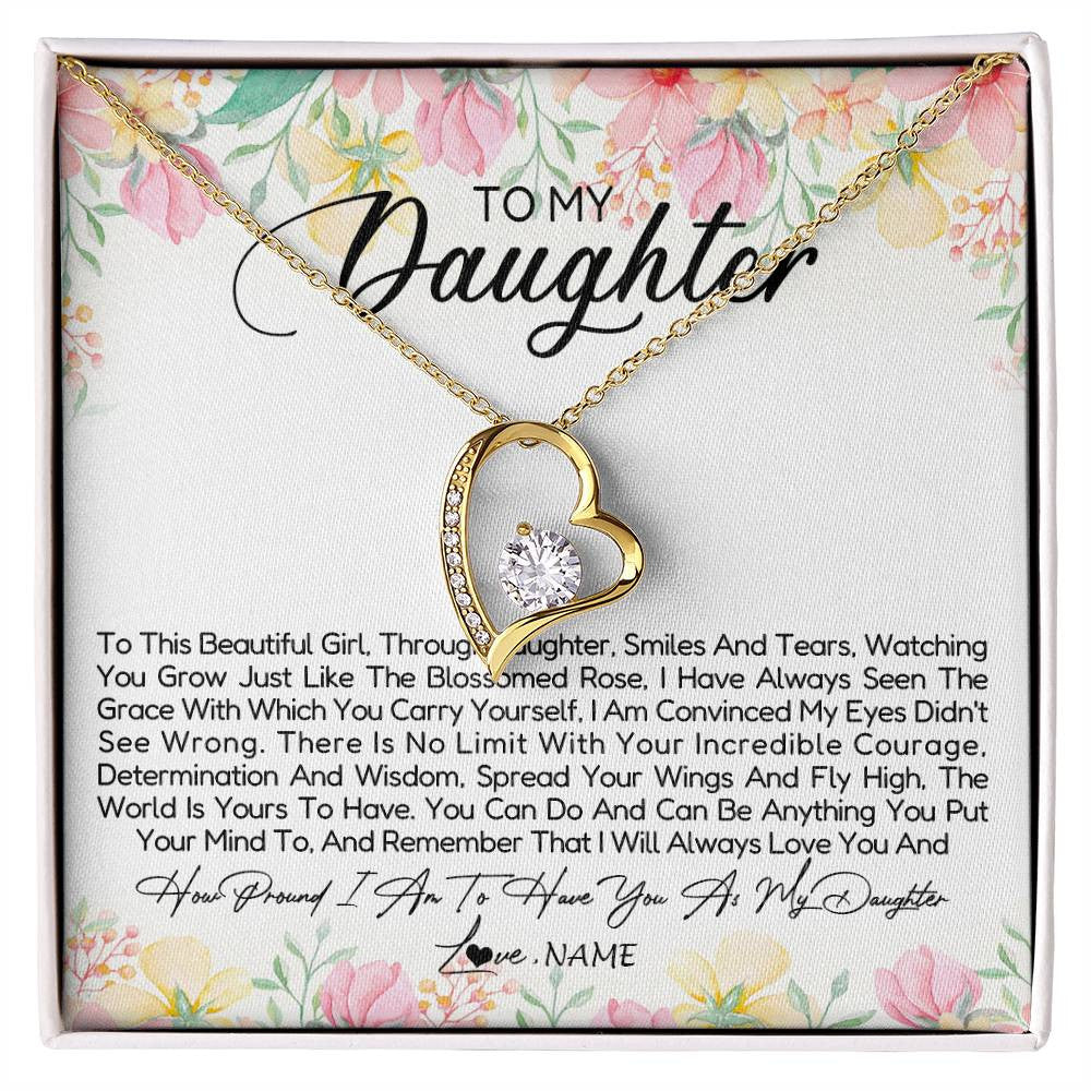 Forever Love Necklace 18K Yellow Gold Finish | Personalized To My Daughter Necklace From Dad Mom Mother To This Beautiful Girl Daughter Jewelry Birthday Graduation Christmas Customized Gift Box Message Card | teecentury
