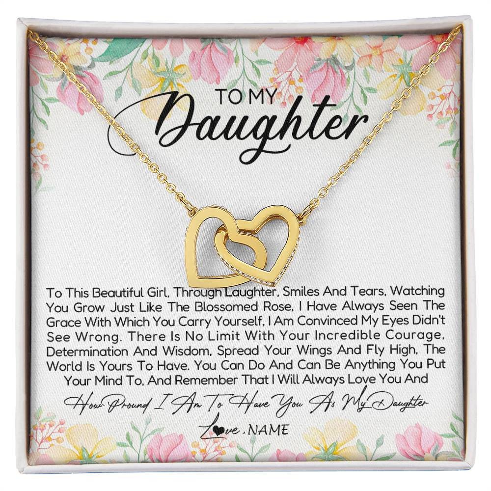 Interlocking Hearts Necklace 18K Yellow Gold Finish | Personalized To My Daughter Necklace From Dad Mom Mother To This Beautiful Girl Daughter Jewelry Birthday Graduation Christmas Customized Gift Box Message Card | teecentury