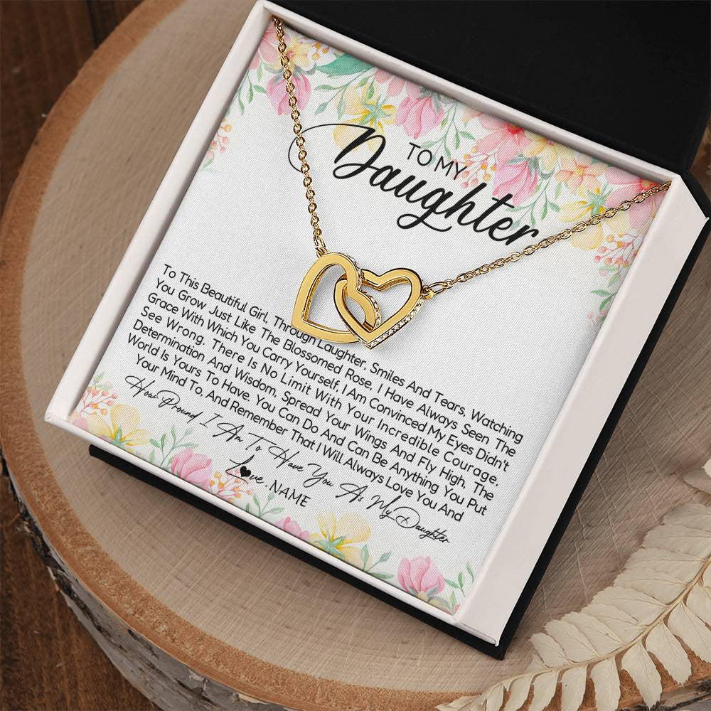 Interlocking Hearts Necklace 18K Yellow Gold Finish | Personalized To My Daughter Necklace From Dad Mom Mother To This Beautiful Girl Daughter Jewelry Birthday Graduation Christmas Customized Gift Box Message Card | teecentury