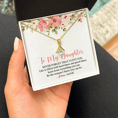 Alluring Beauty Necklace 18K Yellow Gold Finish | Personalized To My Daughter Necklace From Dad Mom Never Forget That I Love You Daughter Jewelry Birthday Graduation Christmas Customized Gift Box Message Card | teecentury