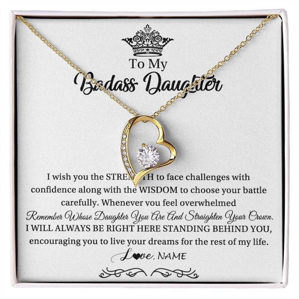 Forever Love Necklace 18K Yellow Gold Finish | Personalized To My Daughter Necklace From Dad Mom Straighten Your Crown Daughter Jewelry Birthday Graduation Christmas Customized Gift Box Message Card | teecentury