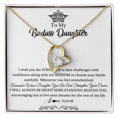 Forever Love Necklace 18K Yellow Gold Finish | Personalized To My Daughter Necklace From Dad Mom Straighten Your Crown Daughter Jewelry Birthday Graduation Christmas Customized Gift Box Message Card | teecentury