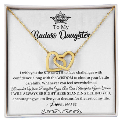 Interlocking Hearts Necklace 18K Yellow Gold Finish | Personalized To My Daughter Necklace From Dad Mom Straighten Your Crown Daughter Jewelry Birthday Graduation Christmas Customized Gift Box Message Card | teecentury