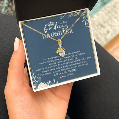 Alluring Beauty Necklace 18K Yellow Gold Finish | Personalized To My Daughter Necklace From Dad Mom Straighten Your Crown Queen Daughter Jewelry Birthday Graduation Christmas Customized Gift Box Message Card | teecentury