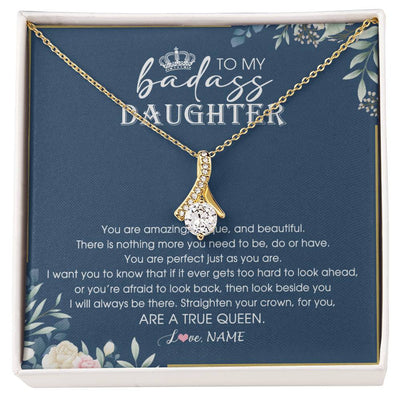 Alluring Beauty Necklace 18K Yellow Gold Finish | Personalized To My Daughter Necklace From Dad Mom Straighten Your Crown Queen Daughter Jewelry Birthday Graduation Christmas Customized Gift Box Message Card | teecentury