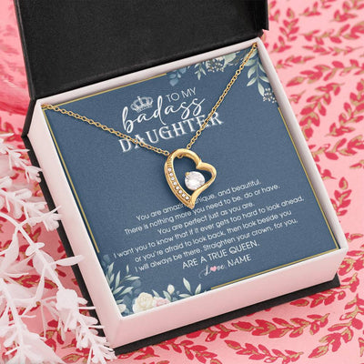 Forever Love Necklace 18K Yellow Gold Finish | Personalized To My Daughter Necklace From Dad Mom Straighten Your Crown Queen Daughter Jewelry Birthday Graduation Christmas Customized Gift Box Message Card | teecentury