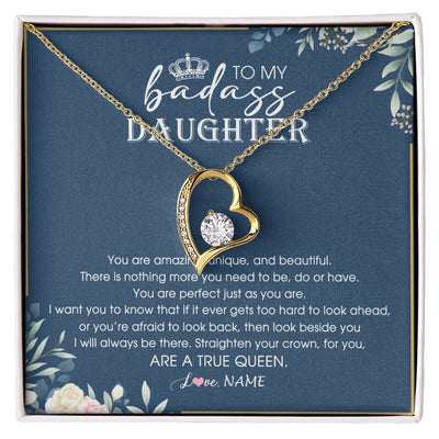 Forever Love Necklace 18K Yellow Gold Finish | Personalized To My Daughter Necklace From Dad Mom Straighten Your Crown Queen Daughter Jewelry Birthday Graduation Christmas Customized Gift Box Message Card | teecentury