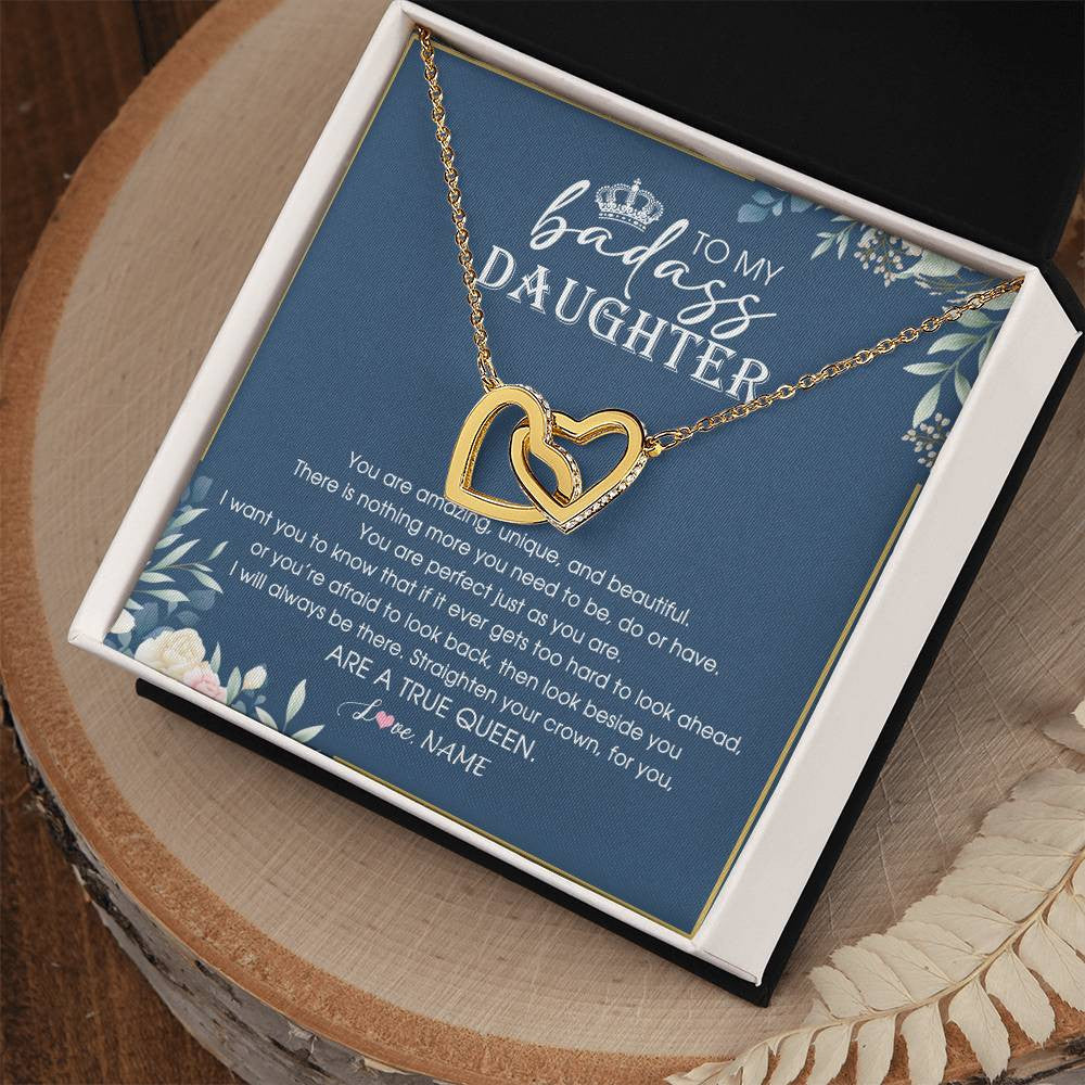 Interlocking Hearts Necklace 18K Yellow Gold Finish | Personalized To My Daughter Necklace From Dad Mom Straighten Your Crown Queen Daughter Jewelry Birthday Graduation Christmas Customized Gift Box Message Card | teecentury