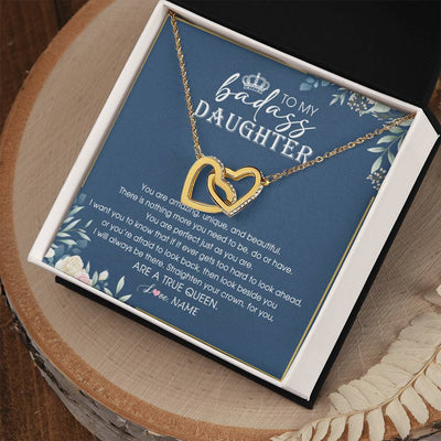 Interlocking Hearts Necklace 18K Yellow Gold Finish | Personalized To My Daughter Necklace From Dad Mom Straighten Your Crown Queen Daughter Jewelry Birthday Graduation Christmas Customized Gift Box Message Card | teecentury