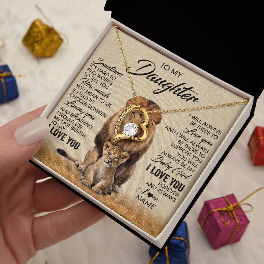 Forever Love Necklace 18K Yellow Gold Finish | 2 | Personalized To My Daughter Necklace From Dad Sometimes It's Hard Lion Daughter Gift Birthday Jewelry Graduation Christmas Customized Gift Box Message Card | teecentury