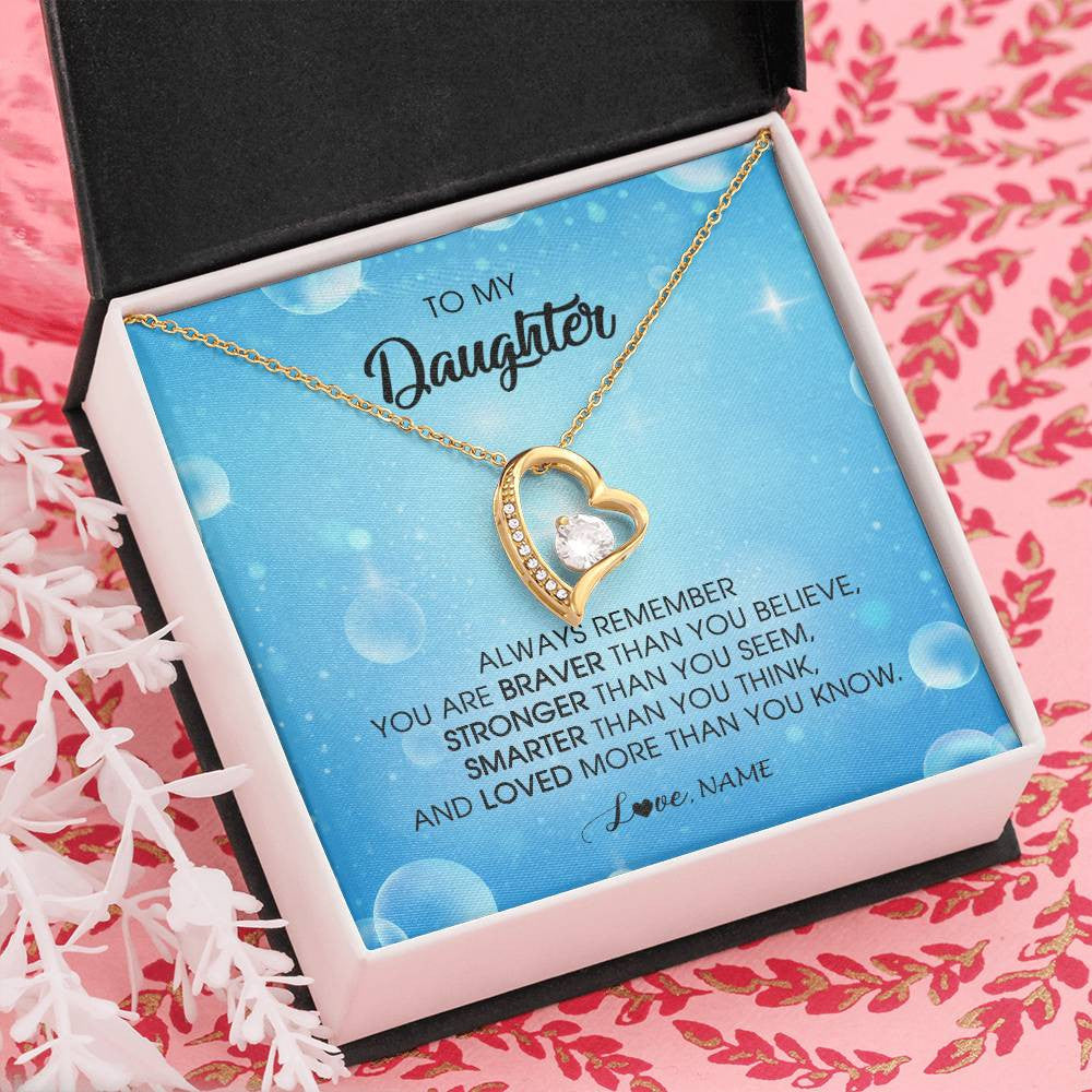 Forever Love Necklace 18K Yellow Gold Finish | Personalized To My Daughter Necklace From Mom Dad Always Remember You Are Braver Daughter Jewelry Birthday Graduation Christmas Customized Message Card | teecentury