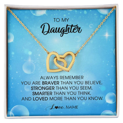 Interlocking Hearts Necklace 18K Yellow Gold Finish | Personalized To My Daughter Necklace From Mom Dad Always Remember You Are Braver Daughter Jewelry Birthday Graduation Christmas Customized Message Card | teecentury