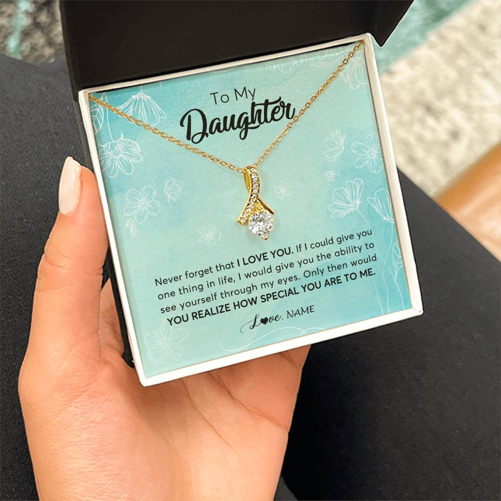Alluring Beauty Necklace 18K Yellow Gold Finish | Personalized To My Daughter Necklace From Mom Dad Flower Never Forget I Love You Daughter Graduation Birthday Christmas Customized Gift Box Message Card | teecentury