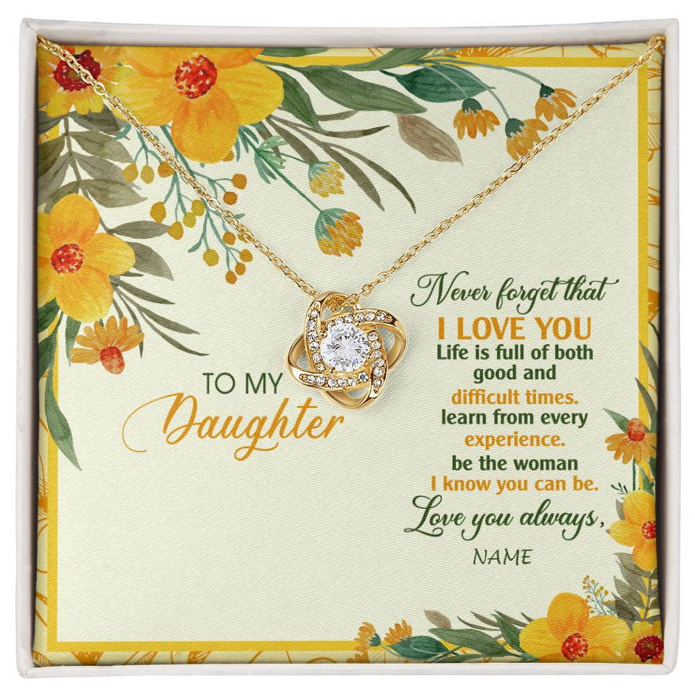 Love Knot Necklace 18K Yellow Gold Finish | Personalized To My Daughter Necklace From Mom Dad Flower Never Forget That I Love You Daughter Birthday Christmas Graduation Customized Gift Box Message Card | teecentury