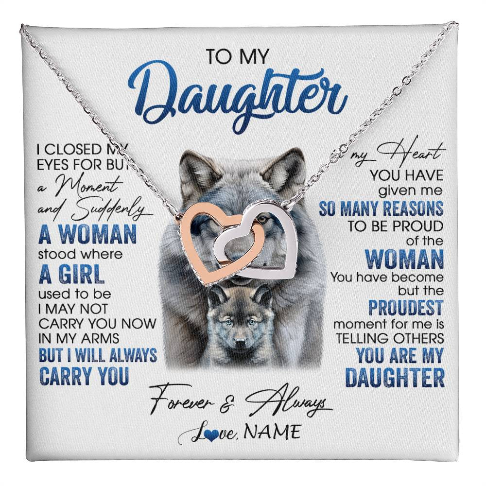 Interlocking Hearts Necklace Stainless Steel & Rose Gold Finish | 1 | Personalized To My Daughter Necklace From Mom Dad I Close My Eyes For But A Moment Wolf Daughter Birthday Gifts Christmas Customized Gift Box Message Card | teecentury