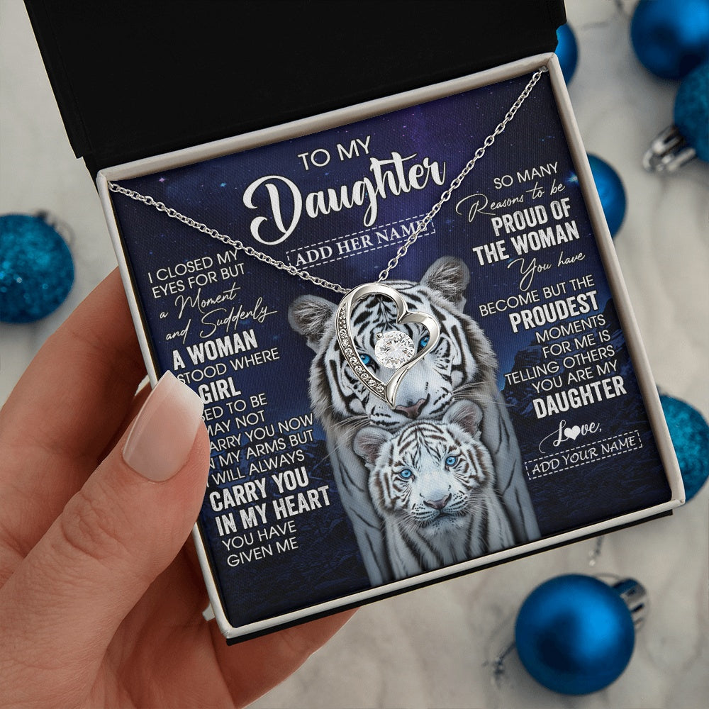 Forever Love Necklace 14K White Gold Finish | 2 | Personalized To My Daughter Necklace From Mom Dad I Close My Eyes White Tiger Daughter Birthday Gift Graduation Christmas Jewelry Gift Box Message Card | https://teecentury.