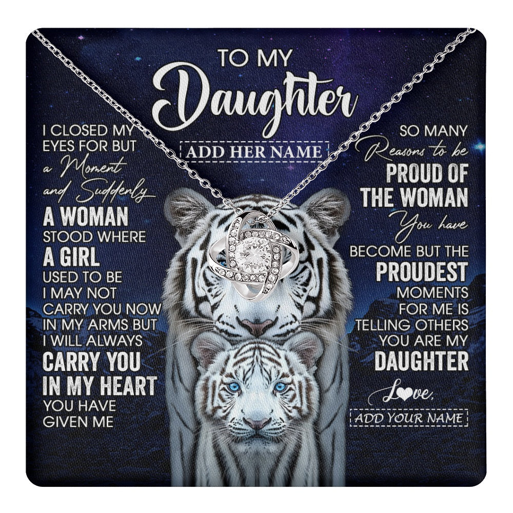 Love Knot Necklace 14K White Gold Finish | 1 | Personalized To My Daughter Necklace From Mom Dad I Close My Eyes White Tiger Daughter Birthday Gift Graduation Christmas Jewelry Gift Box Message Card | https://teecentury.