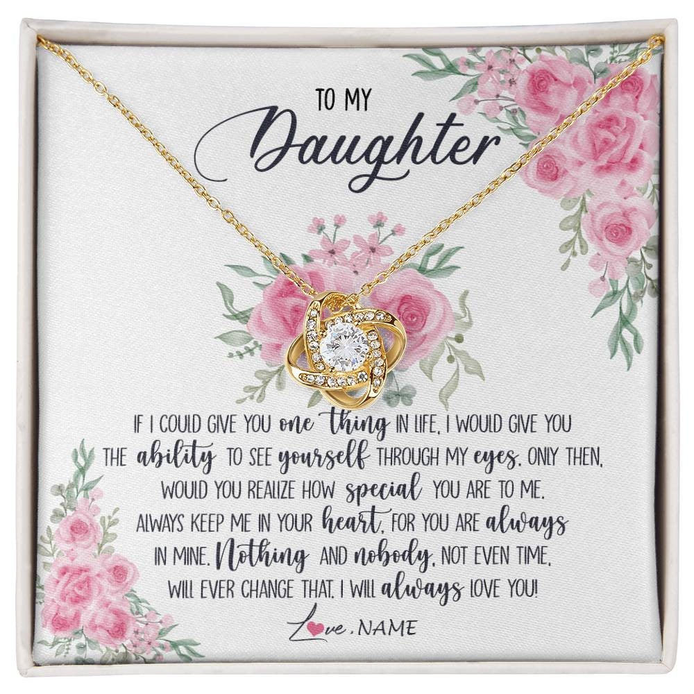 Love Knot Necklace 18K Yellow Gold Finish | Personalized To My Daughter Necklace From Mom Dad I Will Always Love You Daughter Birthday Christmas Jewelry Pendant Customized Gift Box Message Card | teecentury