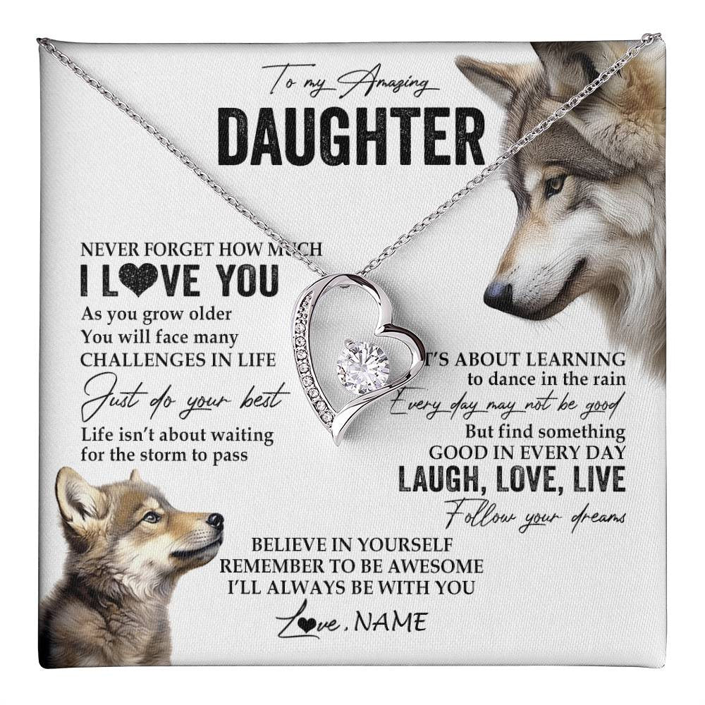 Forever Love Necklace 14K White Gold Finish | 1 | Personalized To My Daughter Necklace From Mom Dad Just Do You Best Laugh Love Live Wolf Daughter Birthday Graduation Christmas Customized Gift Box Message Card | teecentury