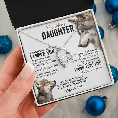 Forever Love Necklace 14K White Gold Finish | 2 | Personalized To My Daughter Necklace From Mom Dad Just Do You Best Laugh Love Live Wolf Daughter Birthday Graduation Christmas Customized Gift Box Message Card | teecentury