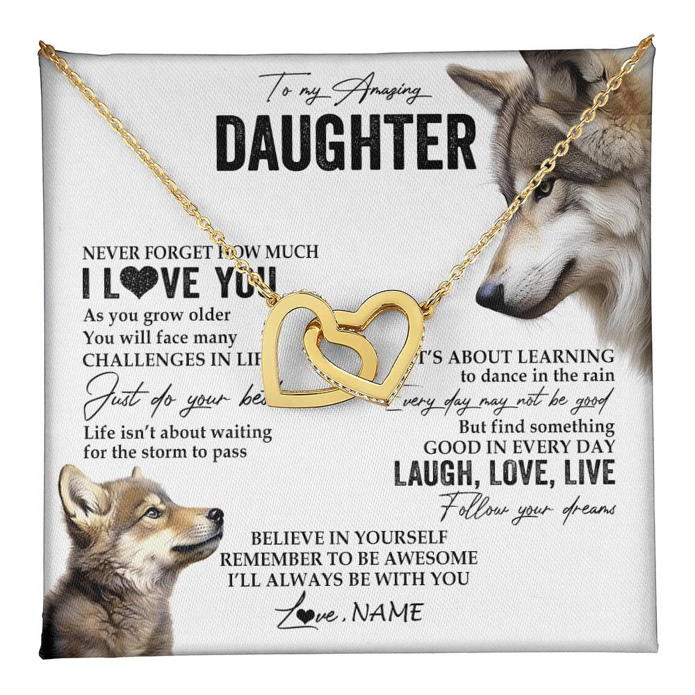 Interlocking Hearts Necklace 18K Yellow Gold Finish | 1 | Personalized To My Daughter Necklace From Mom Dad Just Do You Best Laugh Love Live Wolf Daughter Birthday Graduation Christmas Customized Gift Box Message Card | teecentury