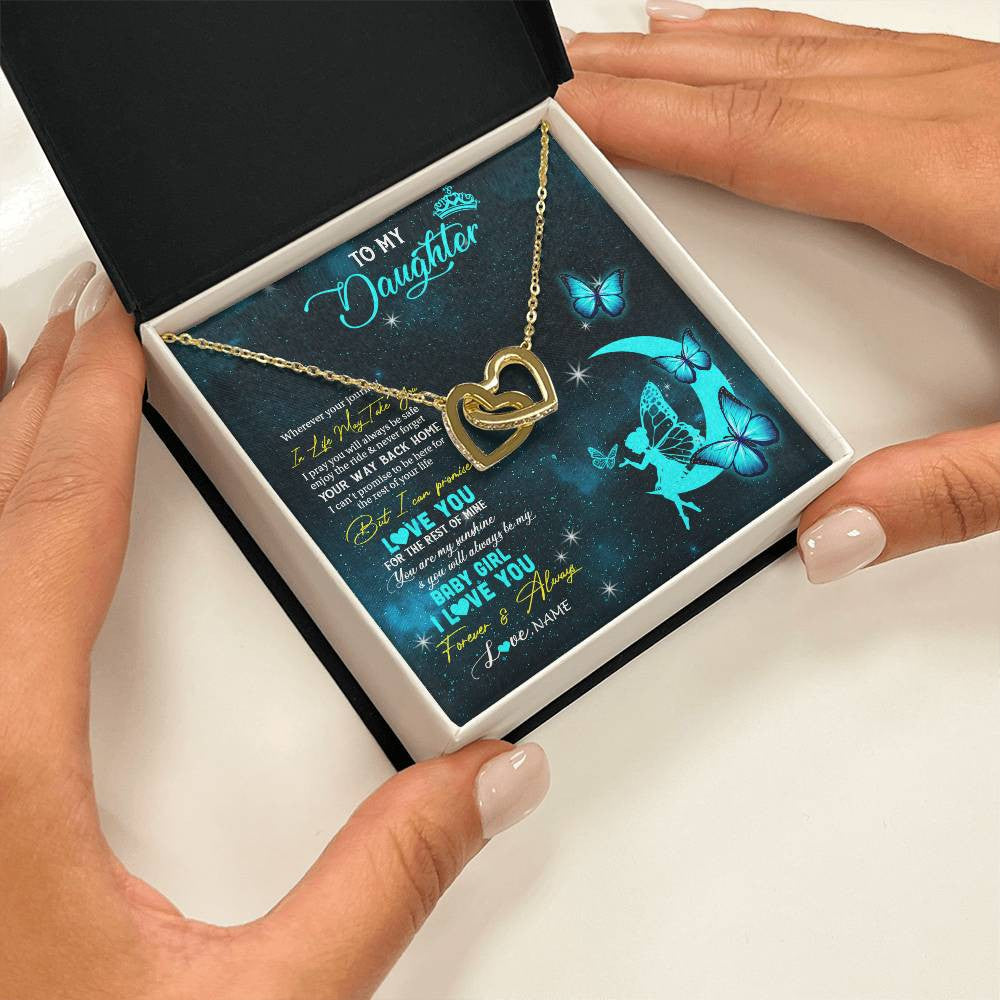 Interlocking Hearts Necklace 18K Yellow Gold Finish | 2 | Personalized To My Daughter Necklace From Mom Dad Mother Fairy Silhouette Fantasy Moon Daughter Birthday Graduation Christmas Customized Gift Box Message Card | teecentury