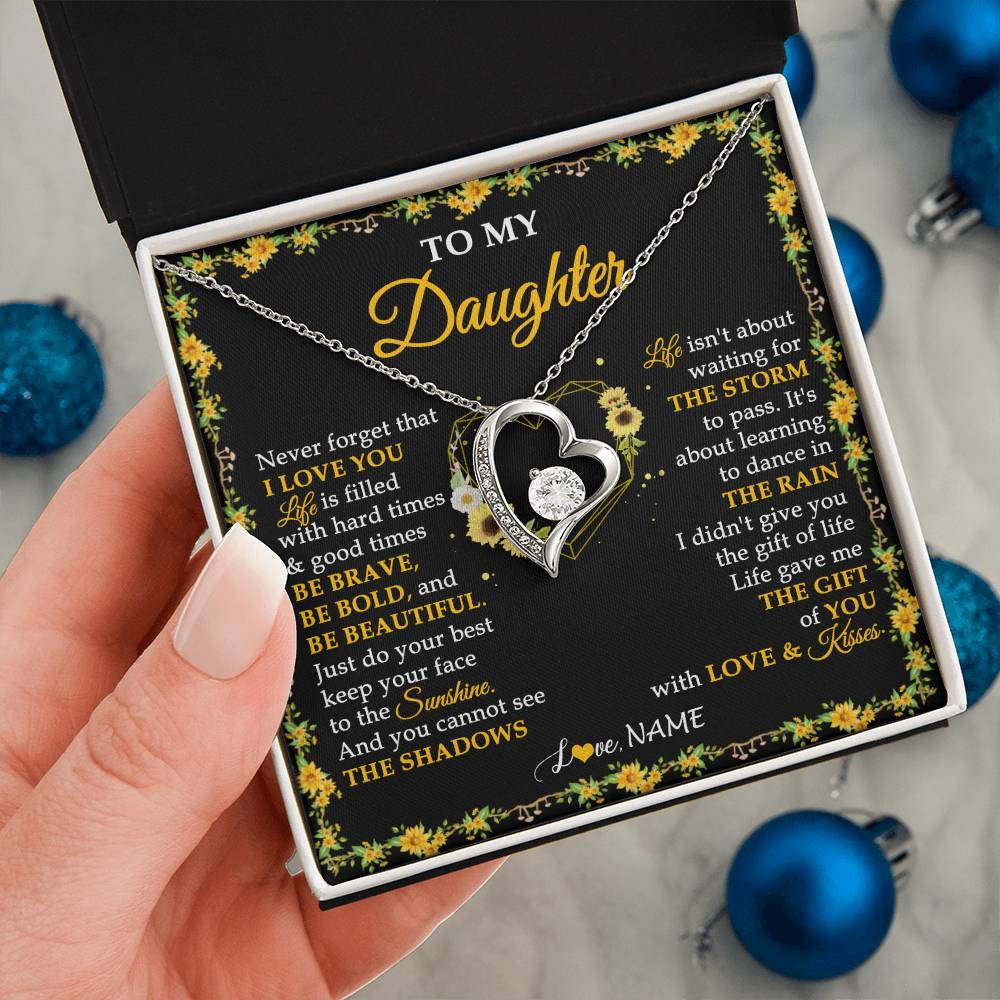 Forever Love Necklace 14K White Gold Finish | 2 | Personalized To My Daughter Necklace From Mom Dad Mother Father I Love You Sunflower Daughter Birthday Jewelry Christmas Customized Gift Box Message Card | teecentury