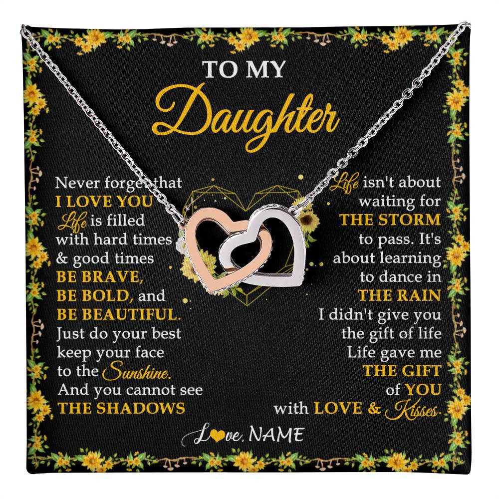 Interlocking Hearts Necklace Stainless Steel & Rose Gold Finish | 1 | Personalized To My Daughter Necklace From Mom Dad Mother Father I Love You Sunflower Daughter Birthday Jewelry Christmas Customized Gift Box Message Card | teecentury