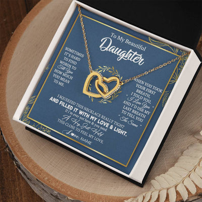 Interlocking Hearts Necklace 18K Yellow Gold Finish | Personalized To My Daughter Necklace From Mom Dad Mother How Much You Mean To Me Gift For Daughter Birthday Graduation Christmas Customized Message Card | teecentury