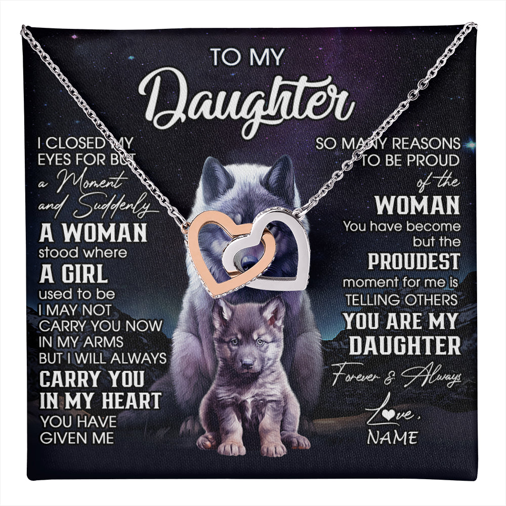 Interlocking Hearts Necklace Stainless Steel & Rose Gold Finish | 1 | Personalized To My Daughter Necklace From Mom Dad Mother I Close My Eyes Wolf Daughter Birthday Gifts Graduation Christmas Customized Gift Box Message Card | teecentury