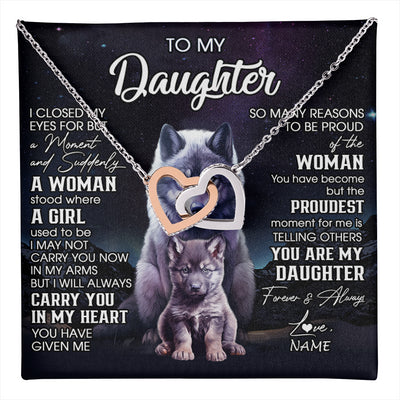 Interlocking Hearts Necklace Stainless Steel & Rose Gold Finish | 1 | Personalized To My Daughter Necklace From Mom Dad Mother I Close My Eyes Wolf Daughter Birthday Gifts Graduation Christmas Customized Gift Box Message Card | teecentury