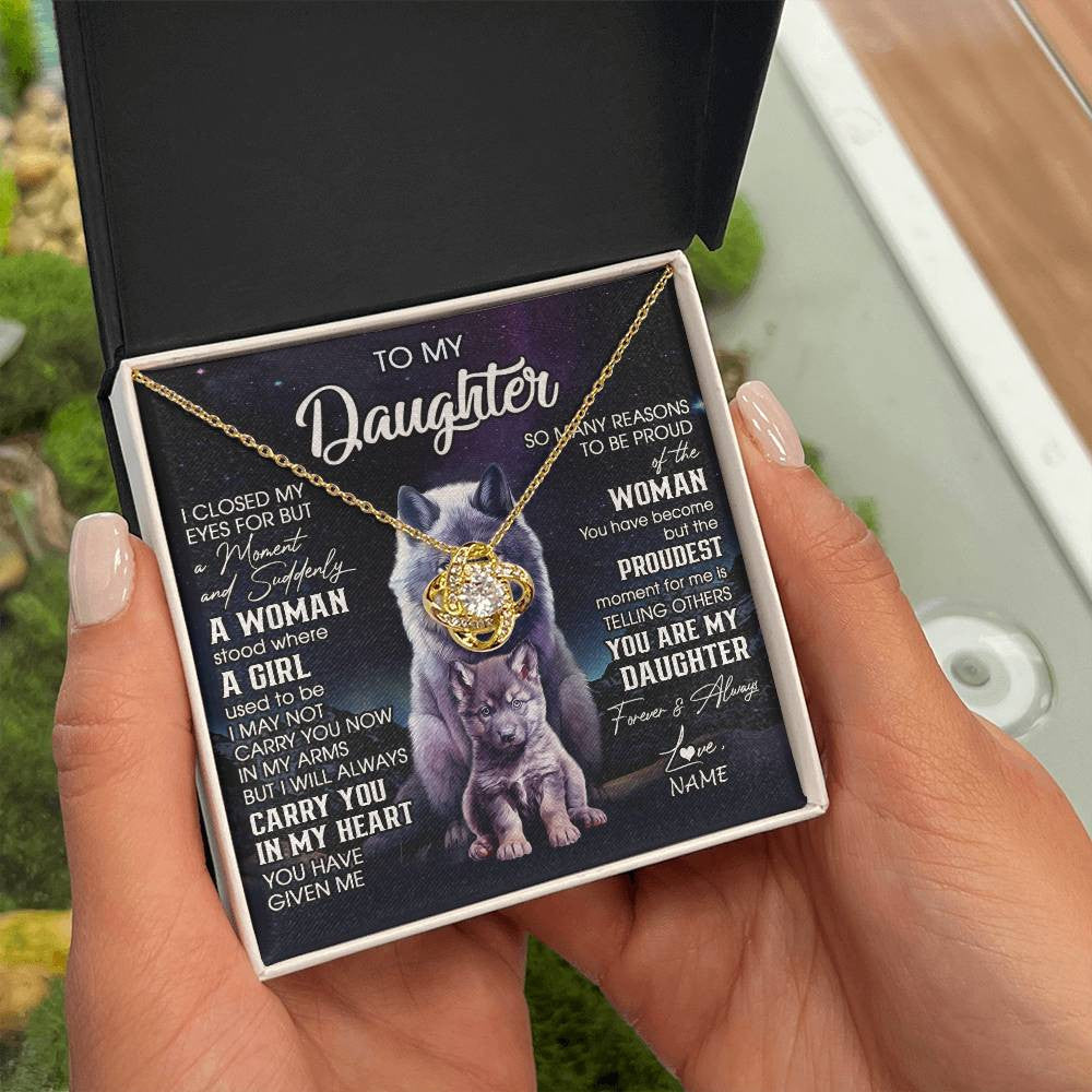 Love Knot Necklace 18K Yellow Gold Finish | 2 | Personalized To My Daughter Necklace From Mom Dad Mother I Close My Eyes Wolf Daughter Birthday Gifts Graduation Christmas Customized Gift Box Message Card | teecentury