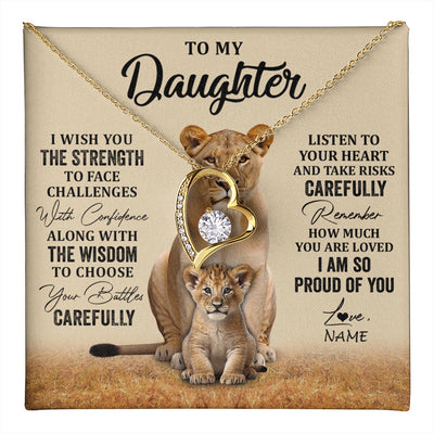 Forever Love Necklace 18K Yellow Gold Finish | 1 | Personalized To My Daughter Necklace From Mom Dad Mother I Wish You The Strength Lion Daughter Birthday Graduation Christmas Customized Gift Box Message Card | teecentury