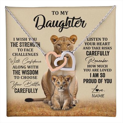 Interlocking Hearts Necklace Stainless Steel & Rose Gold Finish | 1 | Personalized To My Daughter Necklace From Mom Dad Mother I Wish You The Strength Lion Daughter Birthday Graduation Christmas Customized Gift Box Message Card | teecentury