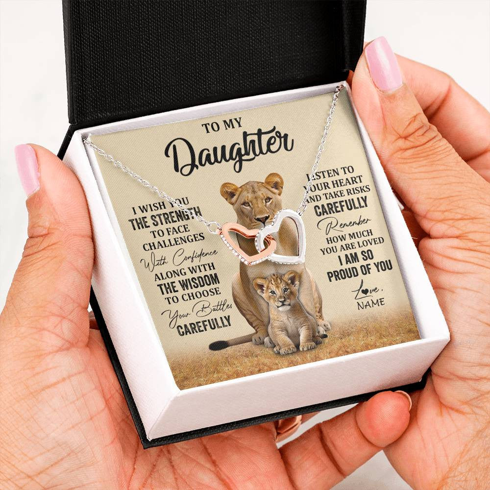 Interlocking Hearts Necklace Stainless Steel & Rose Gold Finish | 2 | Personalized To My Daughter Necklace From Mom Dad Mother I Wish You The Strength Lion Daughter Birthday Graduation Christmas Customized Gift Box Message Card | teecentury