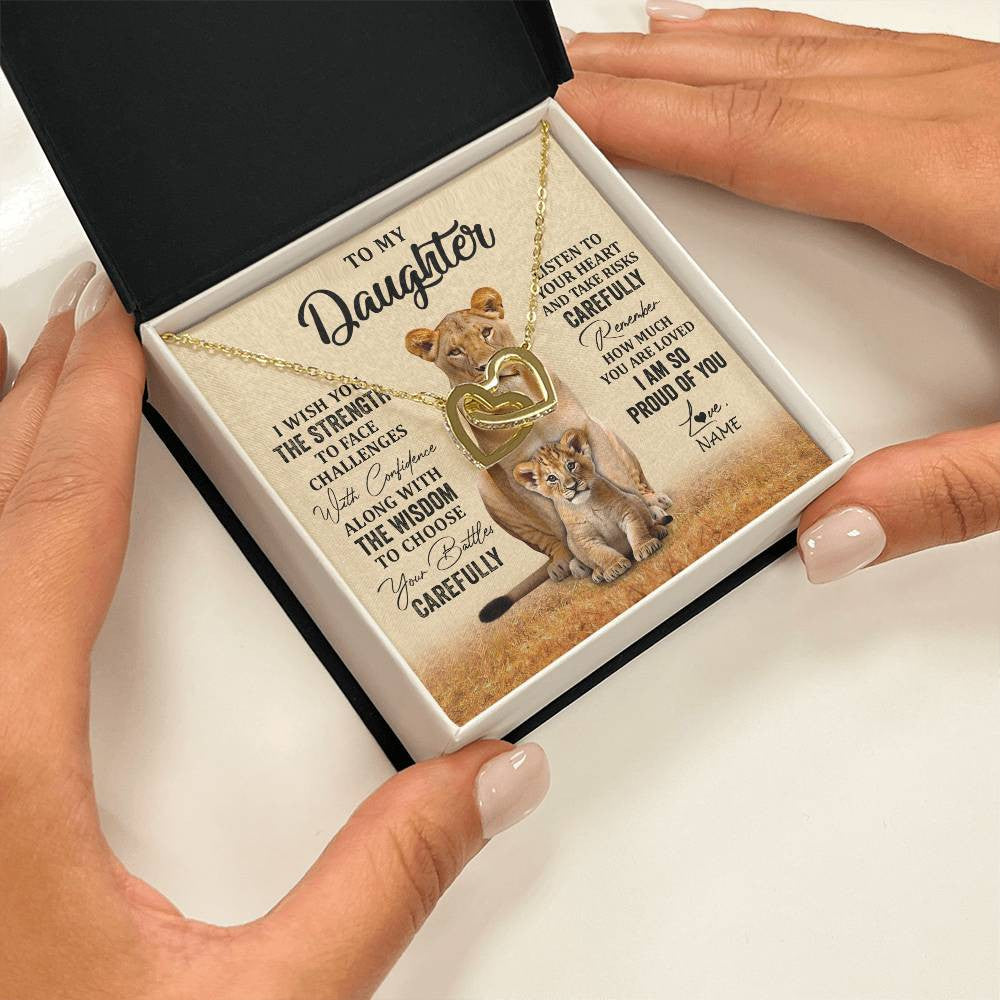 Interlocking Hearts Necklace 18K Yellow Gold Finish | 2 | Personalized To My Daughter Necklace From Mom Dad Mother I Wish You The Strength Lion Daughter Birthday Graduation Christmas Customized Gift Box Message Card | teecentury