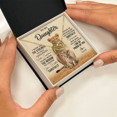 Interlocking Hearts Necklace 18K Yellow Gold Finish | 2 | Personalized To My Daughter Necklace From Mom Dad Mother I Wish You The Strength Lion Daughter Birthday Graduation Christmas Customized Gift Box Message Card | teecentury