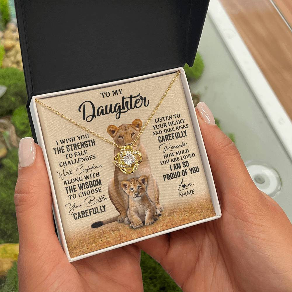 Love Knot Necklace 18K Yellow Gold Finish | 2 | Personalized To My Daughter Necklace From Mom Dad Mother I Wish You The Strength Lion Daughter Birthday Graduation Christmas Customized Gift Box Message Card | teecentury