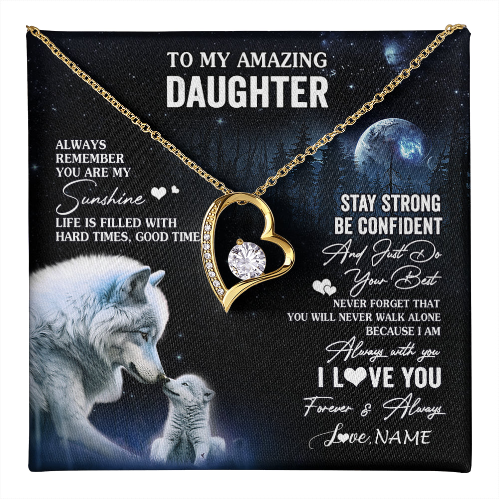 Forever Love Necklace 18K Yellow Gold Finish | 1 | Personalized To My Daughter Necklace From Mom Dad Mother Moon Wolf Daughter Birthday Gifts Jewelry Graduation Christmas Customized Gift Box Message Card | teecentury