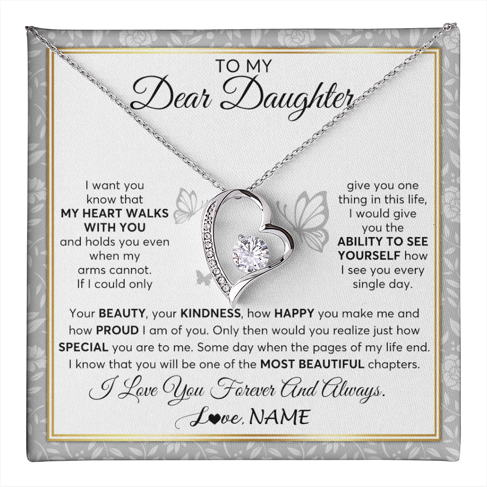 Forever Love Necklace 14K White Gold Finish | 1 | Personalized To My Daughter Necklace From Mom Dad Mother My Heart Walks With You Daughter Birthday Gifts Jewelry Christmas Customized Gift Box Message Card | teecentury
