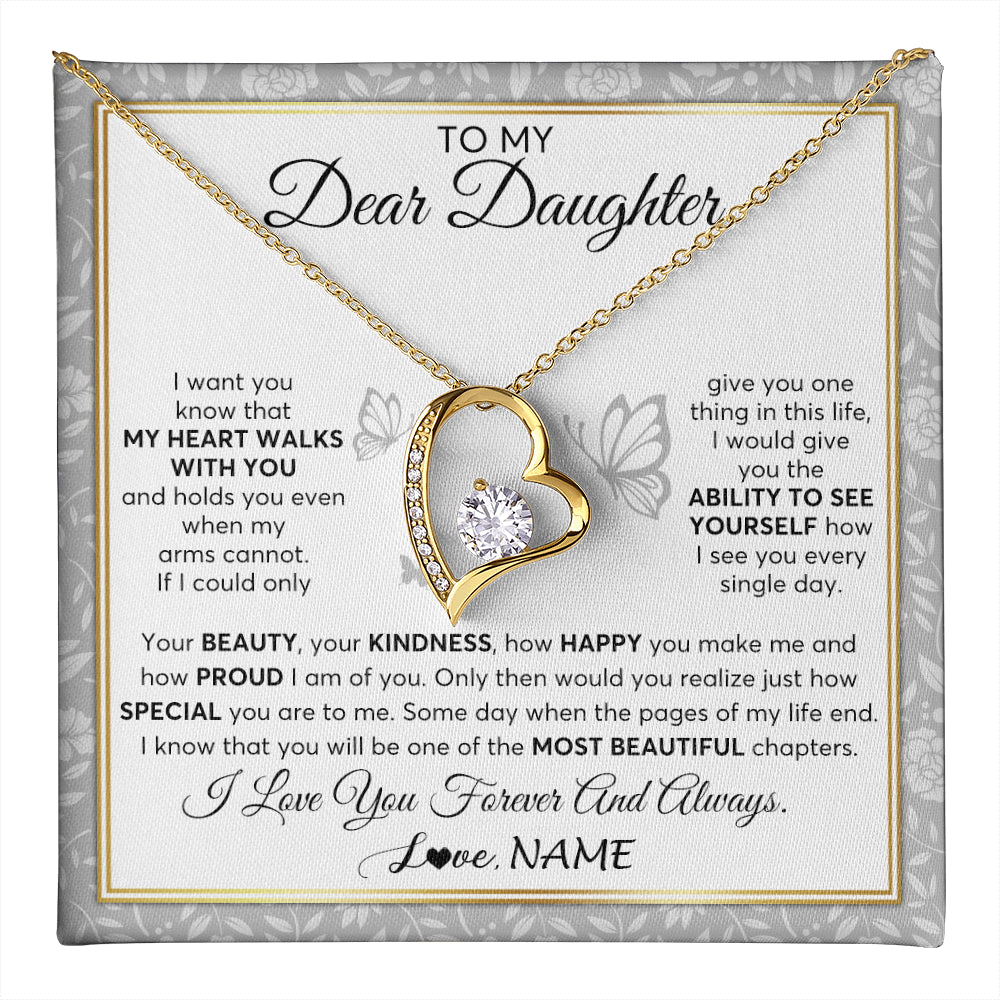 Forever Love Necklace 18K Yellow Gold Finish | 1 | Personalized To My Daughter Necklace From Mom Dad Mother My Heart Walks With You Daughter Birthday Gifts Jewelry Christmas Customized Gift Box Message Card | teecentury