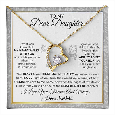 Forever Love Necklace 18K Yellow Gold Finish | 1 | Personalized To My Daughter Necklace From Mom Dad Mother My Heart Walks With You Daughter Birthday Gifts Jewelry Christmas Customized Gift Box Message Card | teecentury