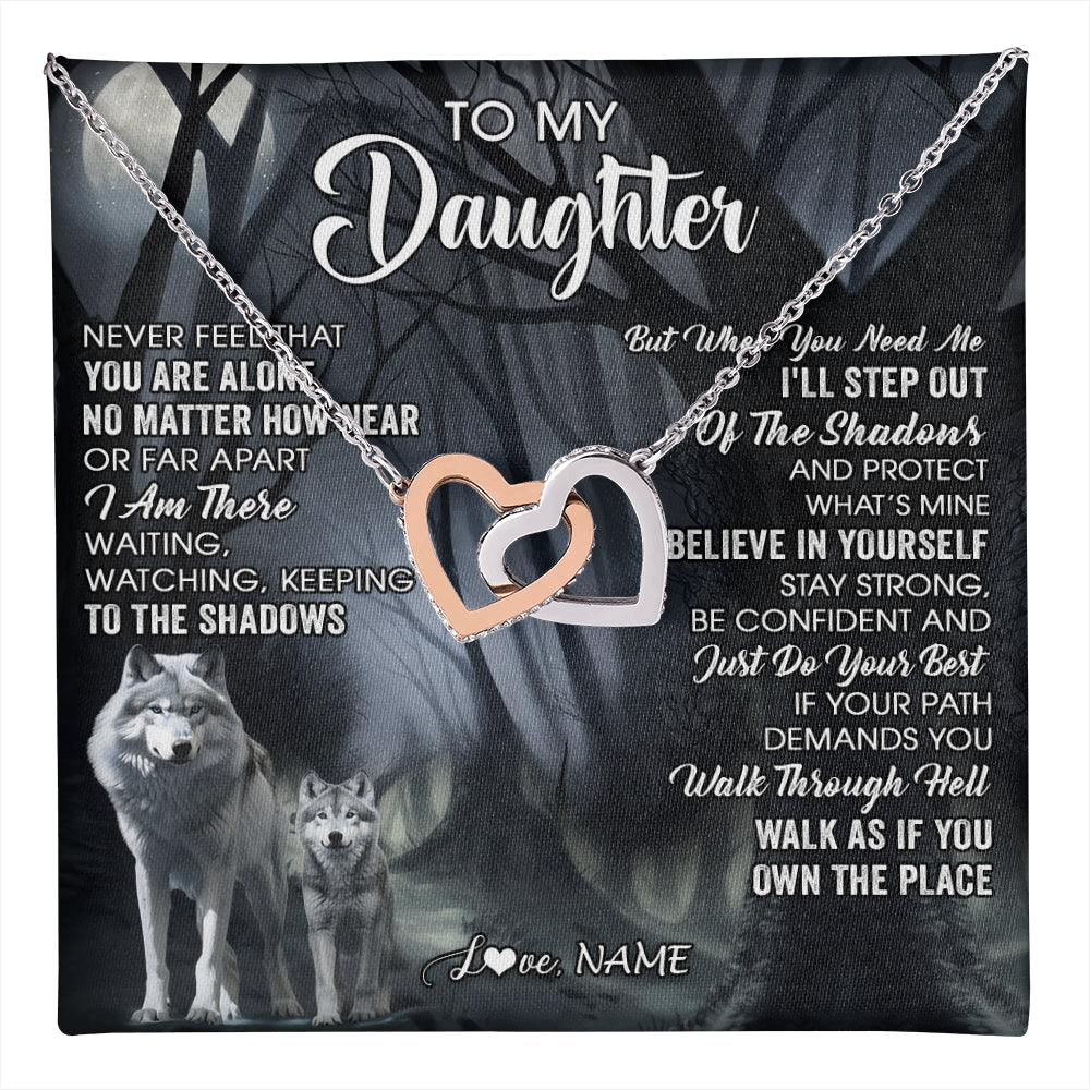 Interlocking Hearts Necklace Stainless Steel & Rose Gold Finish | 1 | Personalized To My Daughter Necklace From Mom Dad Mother Never Feel That You Are Alone Wolf Birthday Gifts Jewelry Christmas Customized Gift Box Message Card | teecentury