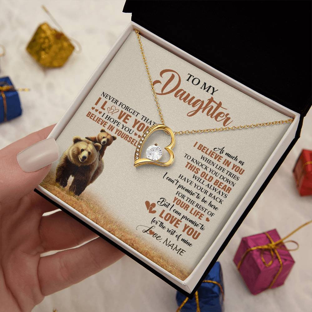 Forever Love Necklace 18K Yellow Gold Finish | 2 | Personalized To My Daughter Necklace From Mom Dad Mother This Old Bear Love You Daughter Birthday Gifts Graduation Christmas Customized Gift Box Message Card | teecentury