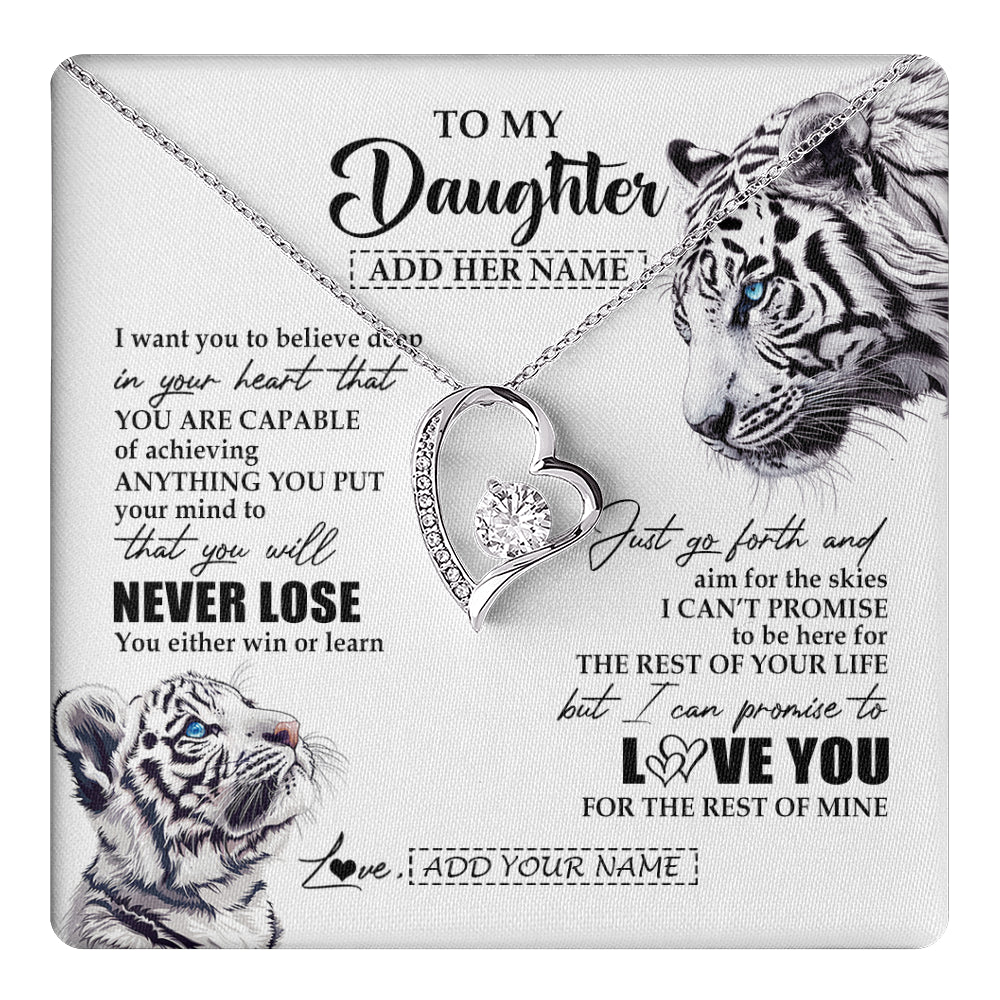 Forever Love Necklace 14K White Gold Finish | 1 | Personalized To My Daughter Necklace From Mom Dad Mother You Will Never Lose White Tiger Daughter Birthday Gifts Graduation Christmas Gift Box Message Card | teecentury