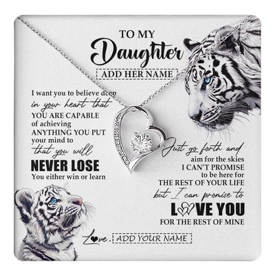 Forever Love Necklace 14K White Gold Finish | 1 | Personalized To My Daughter Necklace From Mom Dad Mother You Will Never Lose White Tiger Daughter Birthday Gifts Graduation Christmas Gift Box Message Card | teecentury